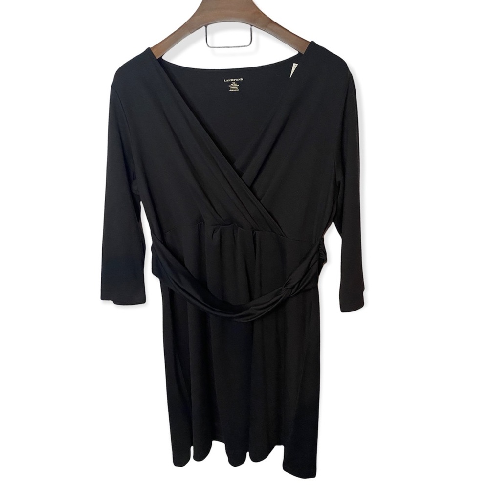 Lands’ End Black 3/4 Plus size Sleeve Faux-Wrap Mini Dress Women’s